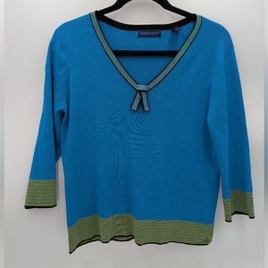 Karen Scott V-Neck Sweater Classic Workwear Medium Blue Bow Green 3/4 Sleeves